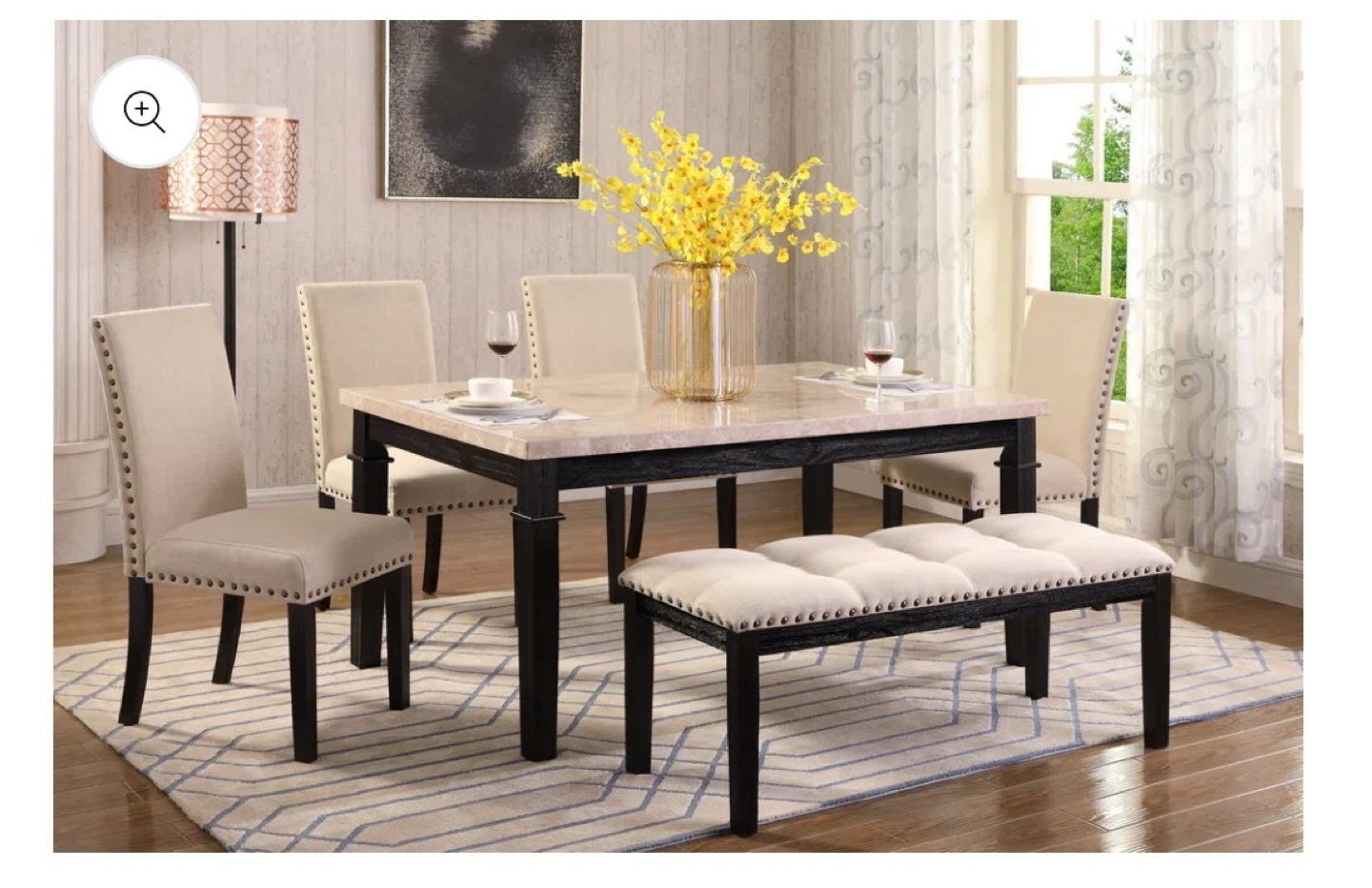 Marble Dining Table, Chairs & Bench Set - Beige - photo 5