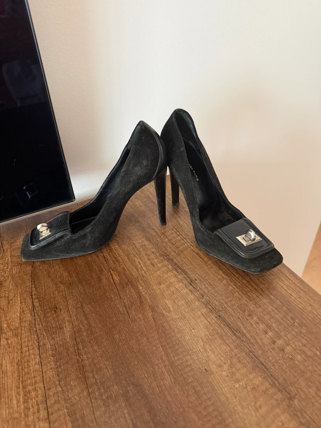 Balenciaga Black Suede Square Toe Heels