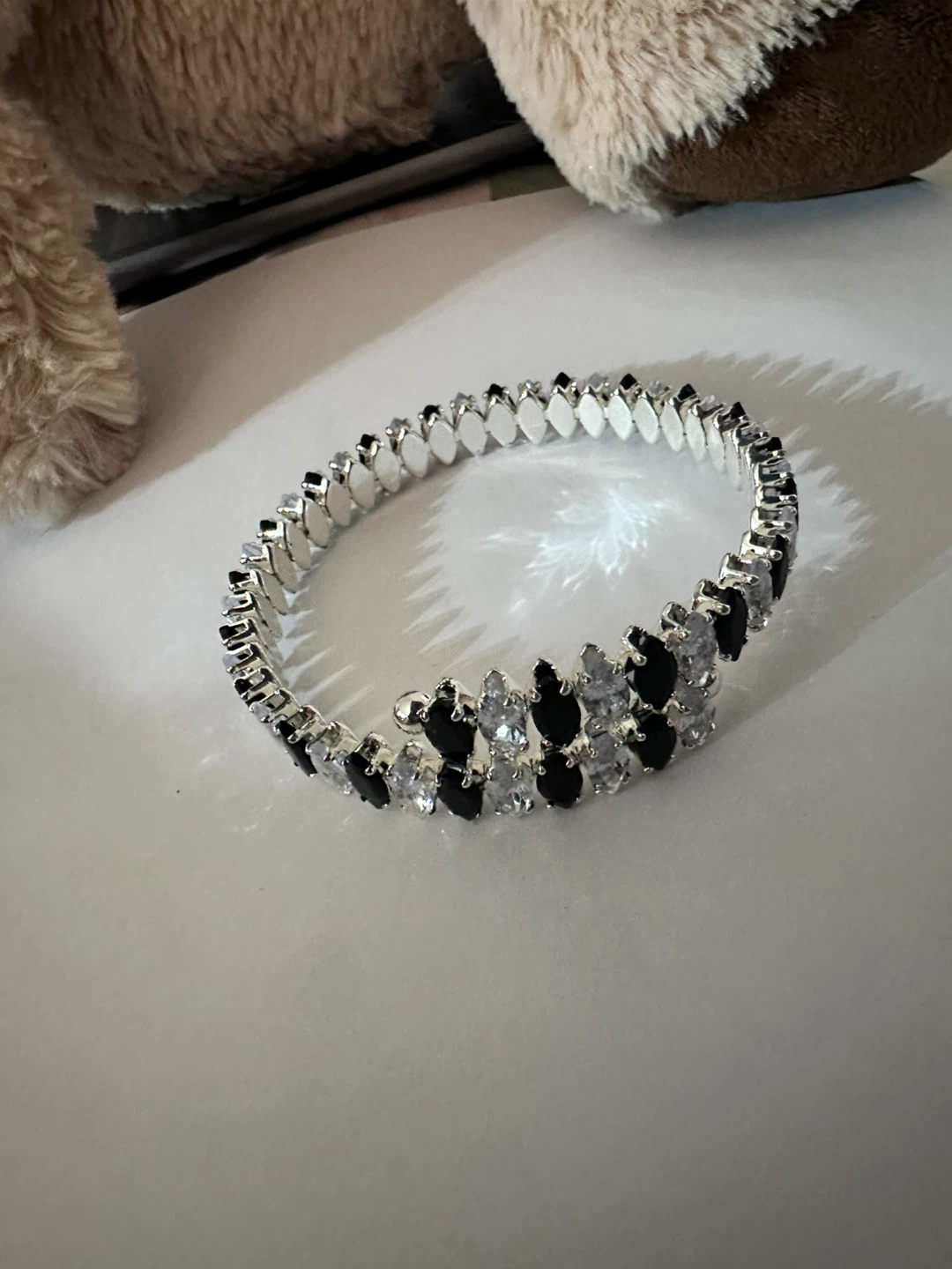 Silver Tone Bangle Bracelet with Black and Clear Stones - photo 2