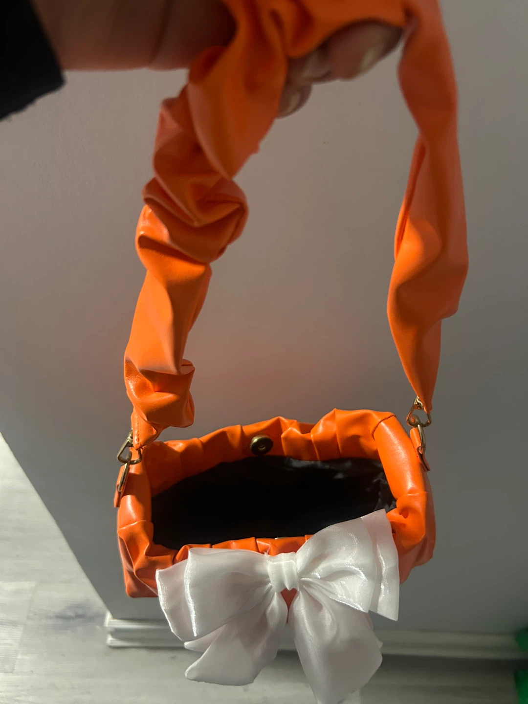 Orange Ruched Handbag with White Bow Accent - photo 3