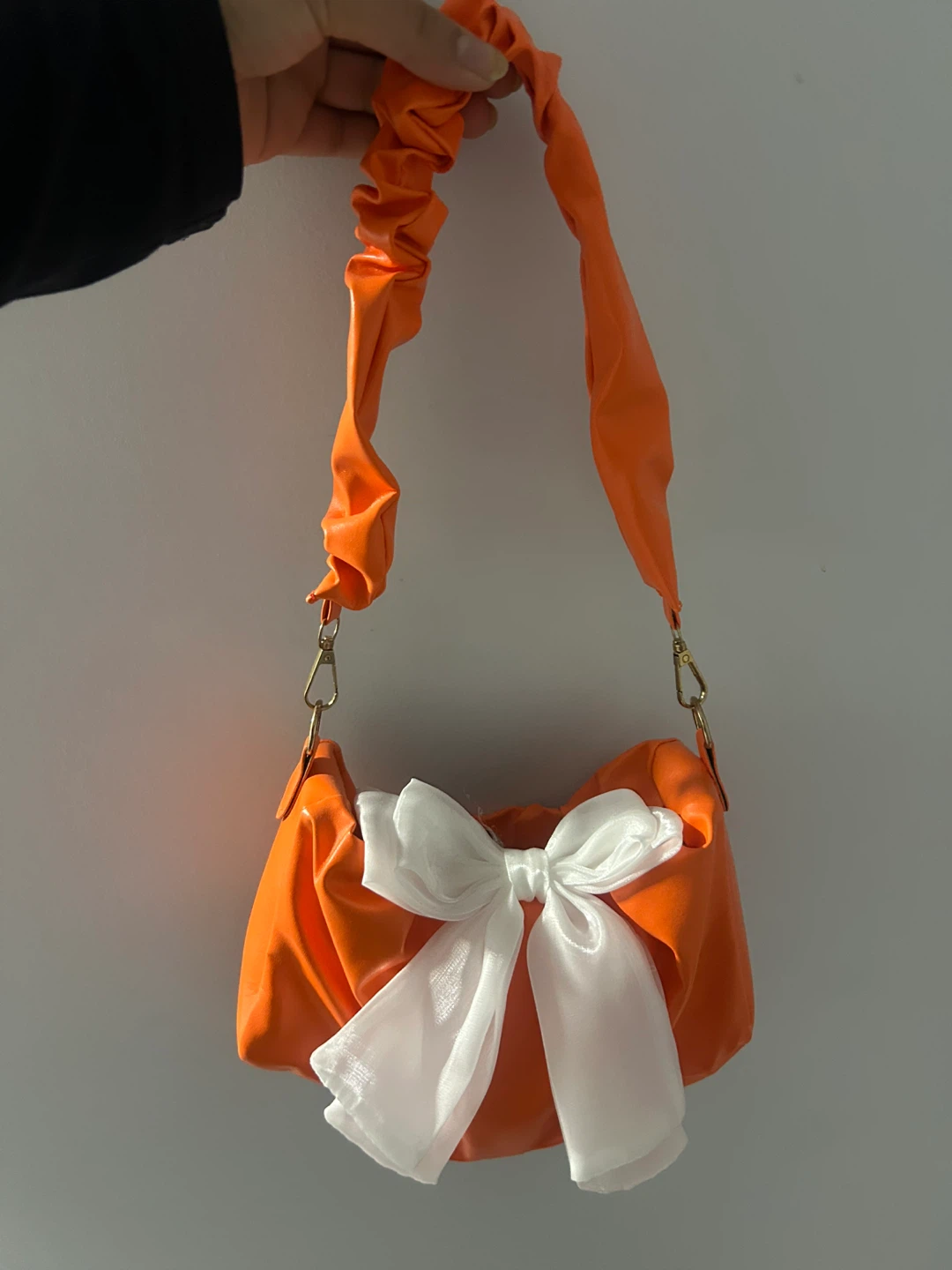 Orange Ruched Handbag with White Bow Accent - photo 2