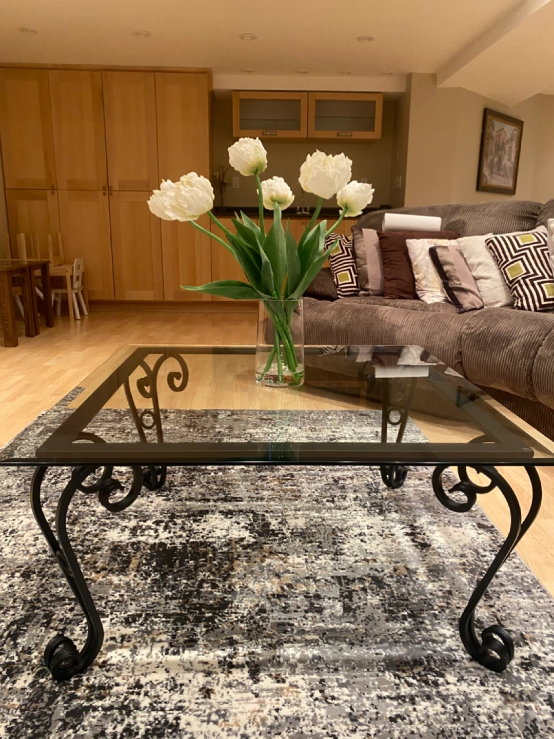 Glass Top Coffee and end Tables with Wrought Iron Base