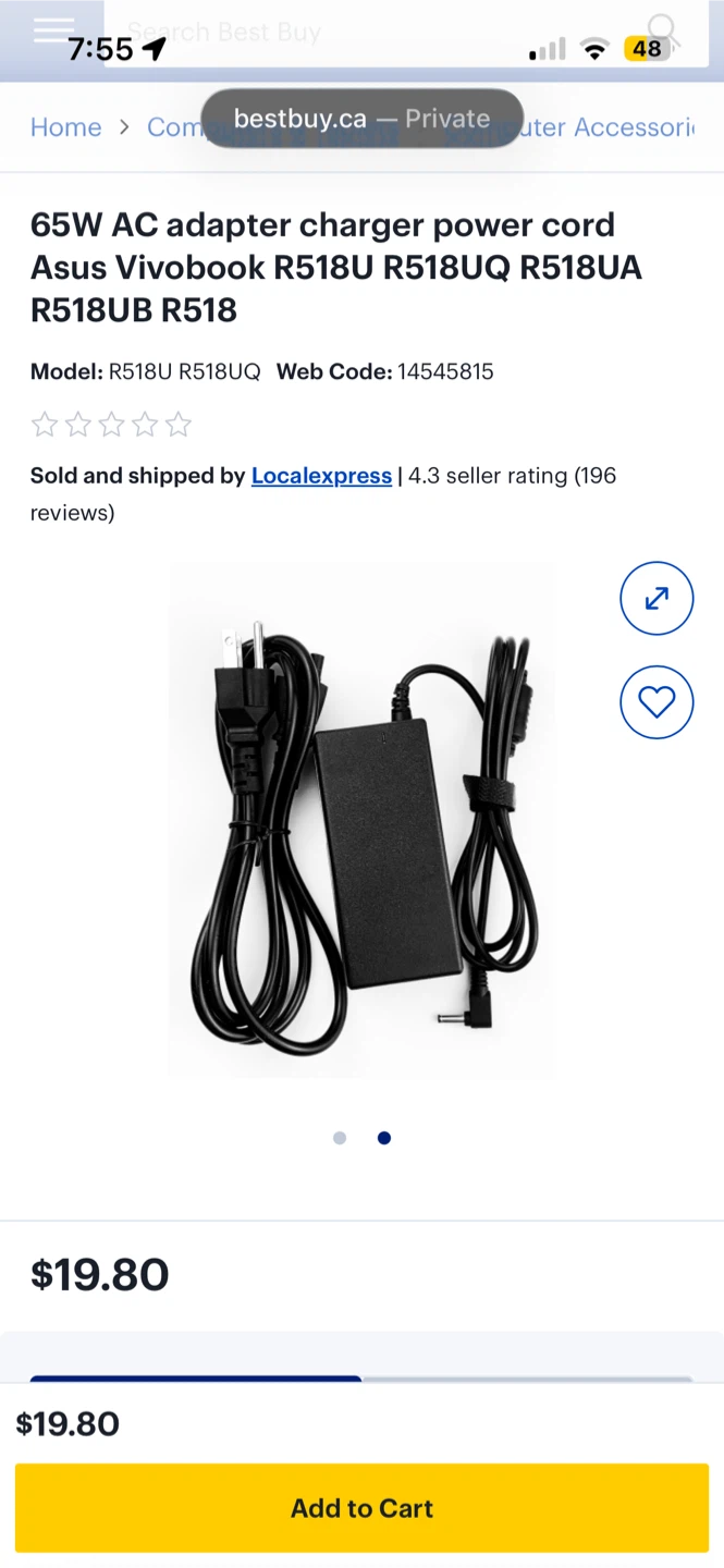65W AC Adapter Power Cord for Asus Vivobook R518U Series