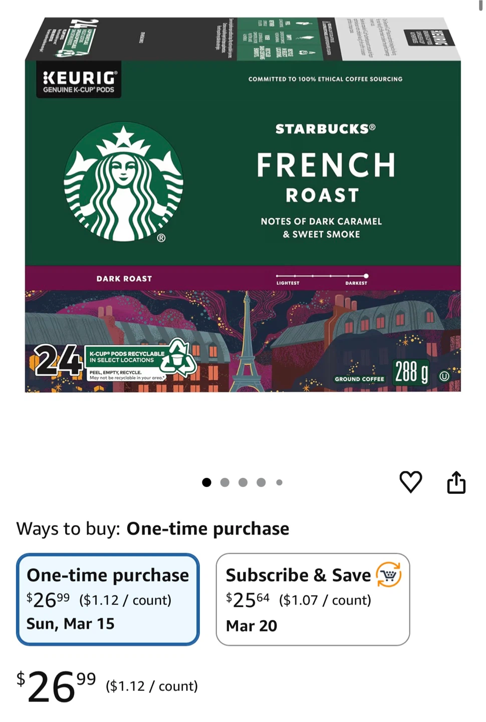 Starbucks French Roast Dark Roast Coffee K-Cups (24 Count)