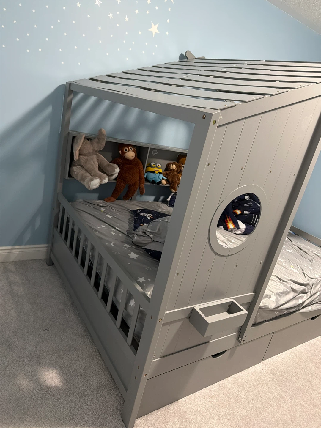 Costway Grey Wooden House Bed Frame with Trundle - photo 3