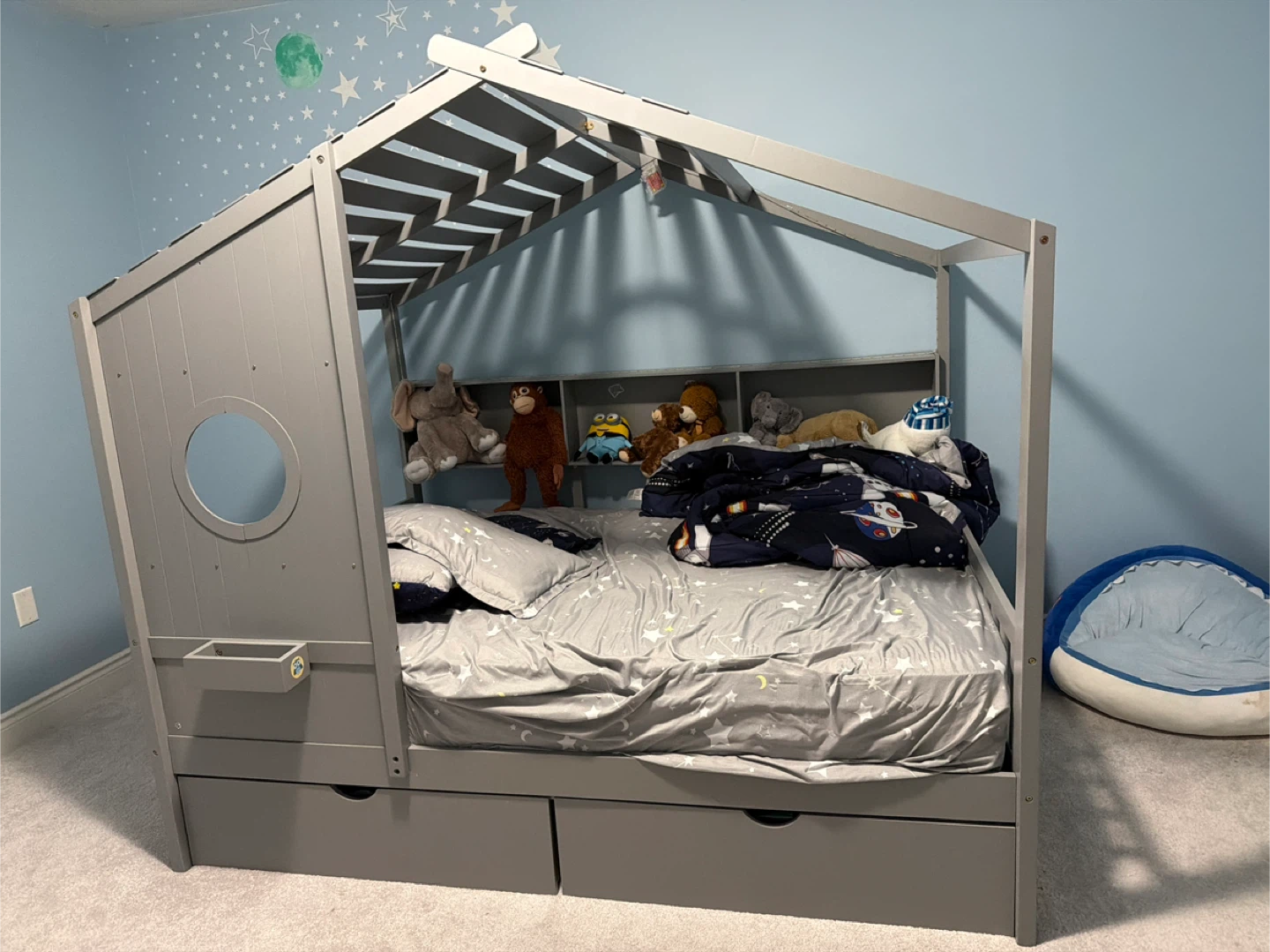Costway Grey Wooden House Bed Frame with Trundle