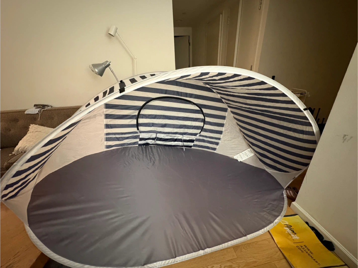 Blue and White Striped Pop-Up Beach Tent