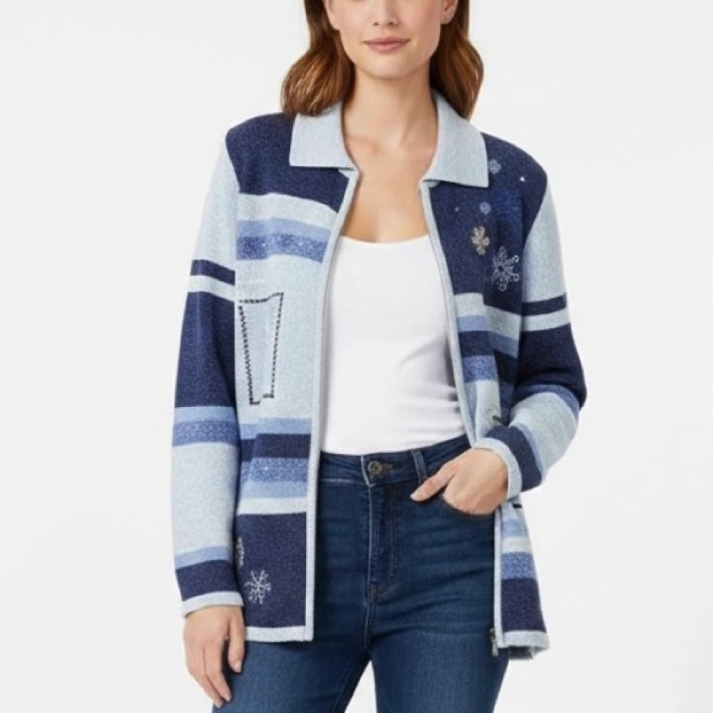 Carroll Reed Full Zip Dog Snowflake Colorblock Sweater Size XL