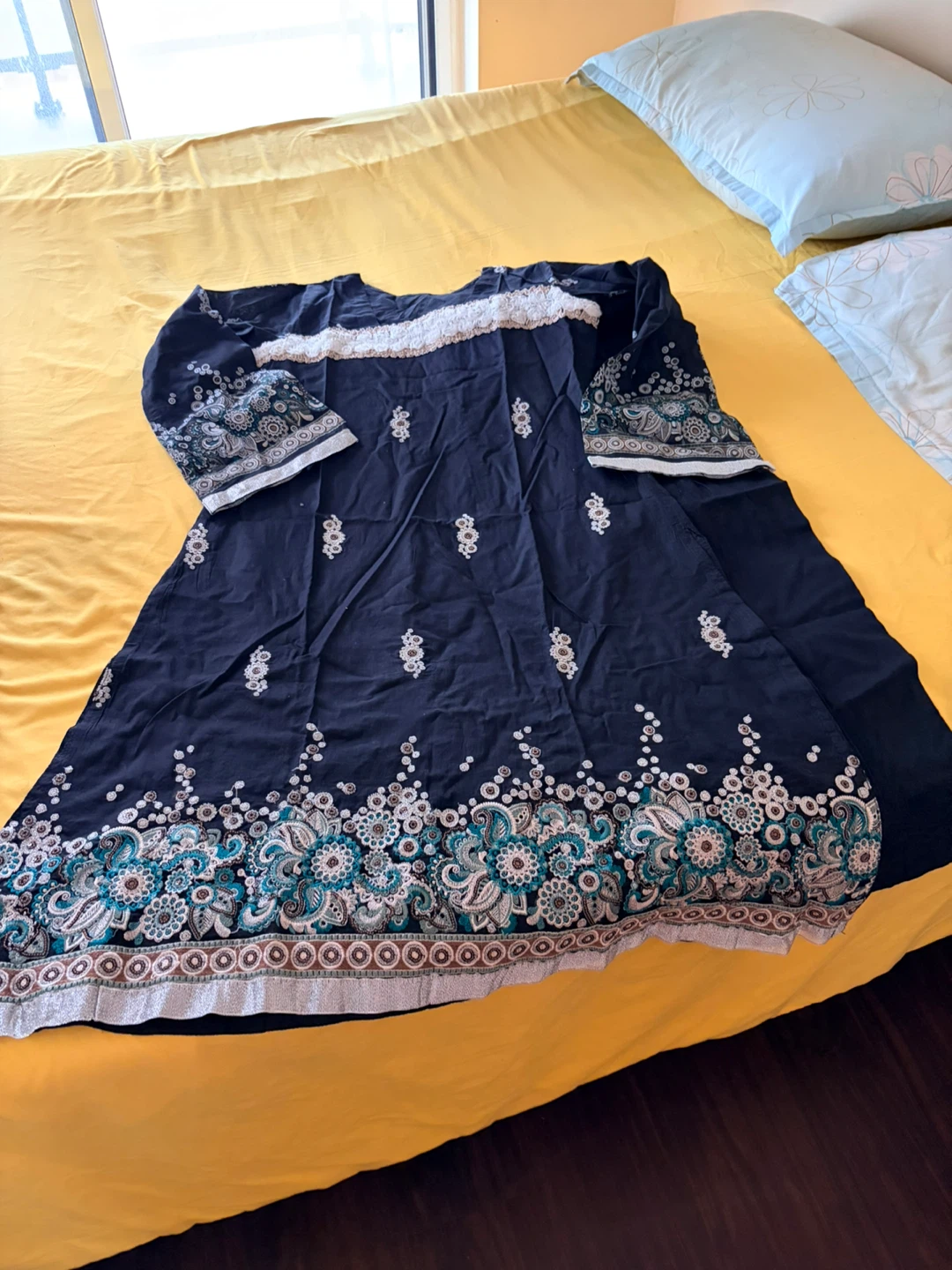 Black A line shirt and trouser with White and Teal Embroidery