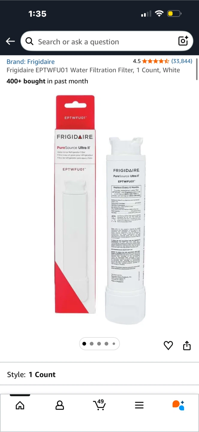 Frigidaire EPTWFU01 Water Filtration Filter - 1 Count, White