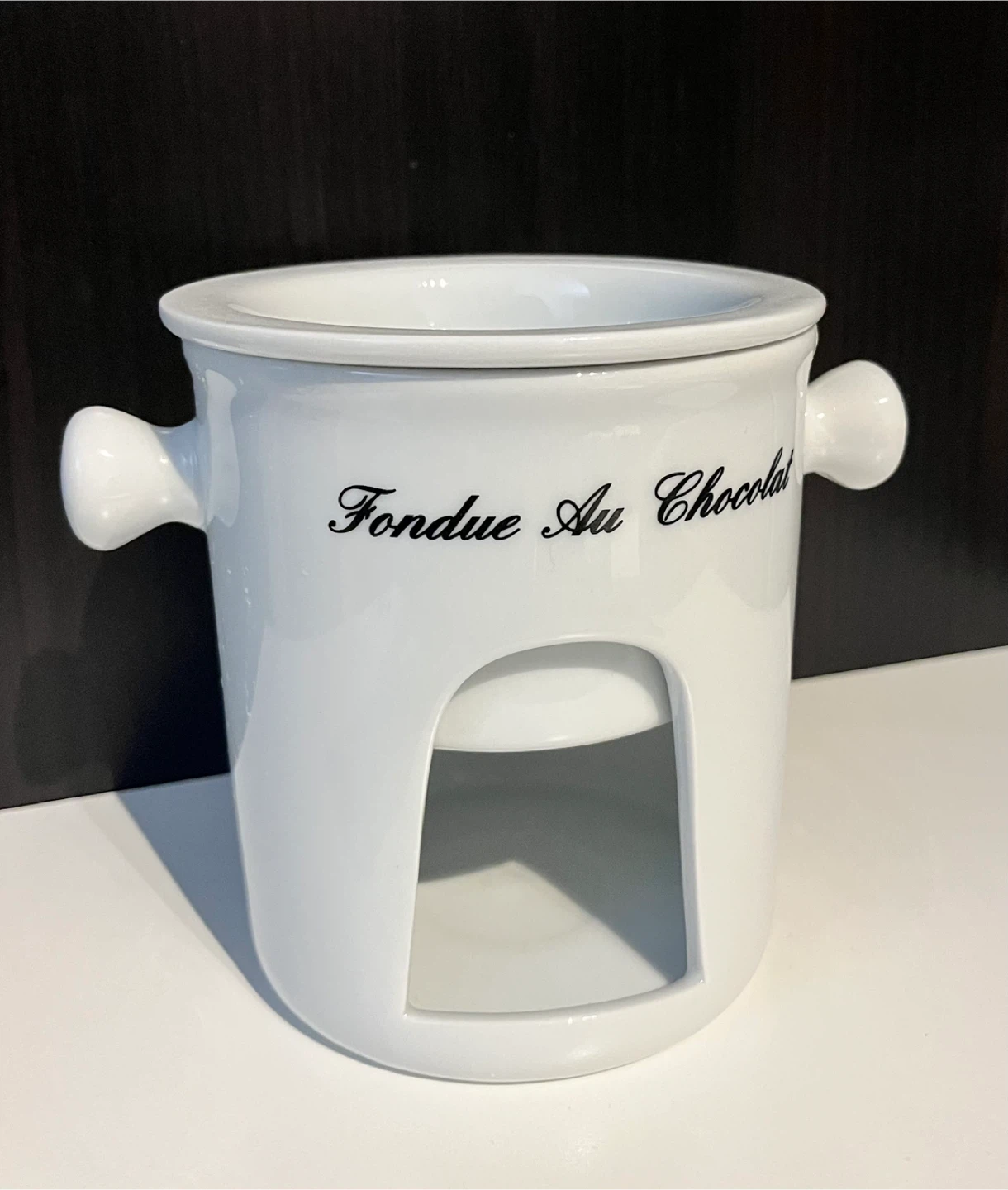White Ceramic "Fondue Au Chocolat" Pot