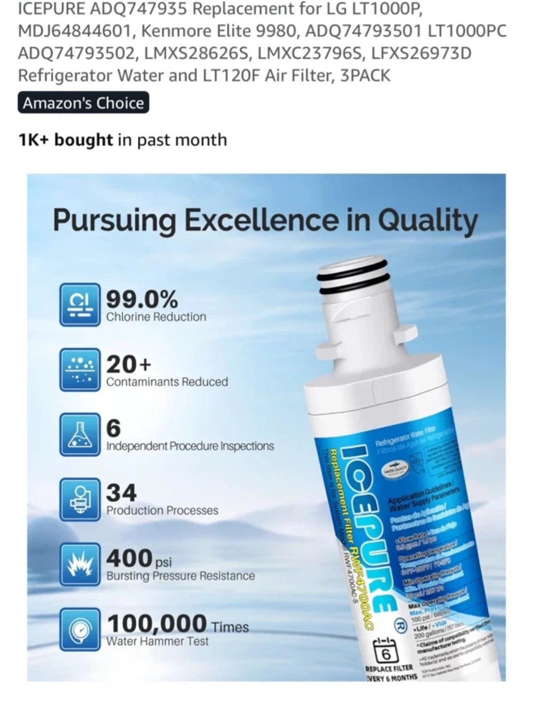 ICEPURE ADQ747935 Refrigerator Water Filter, 1-Pack