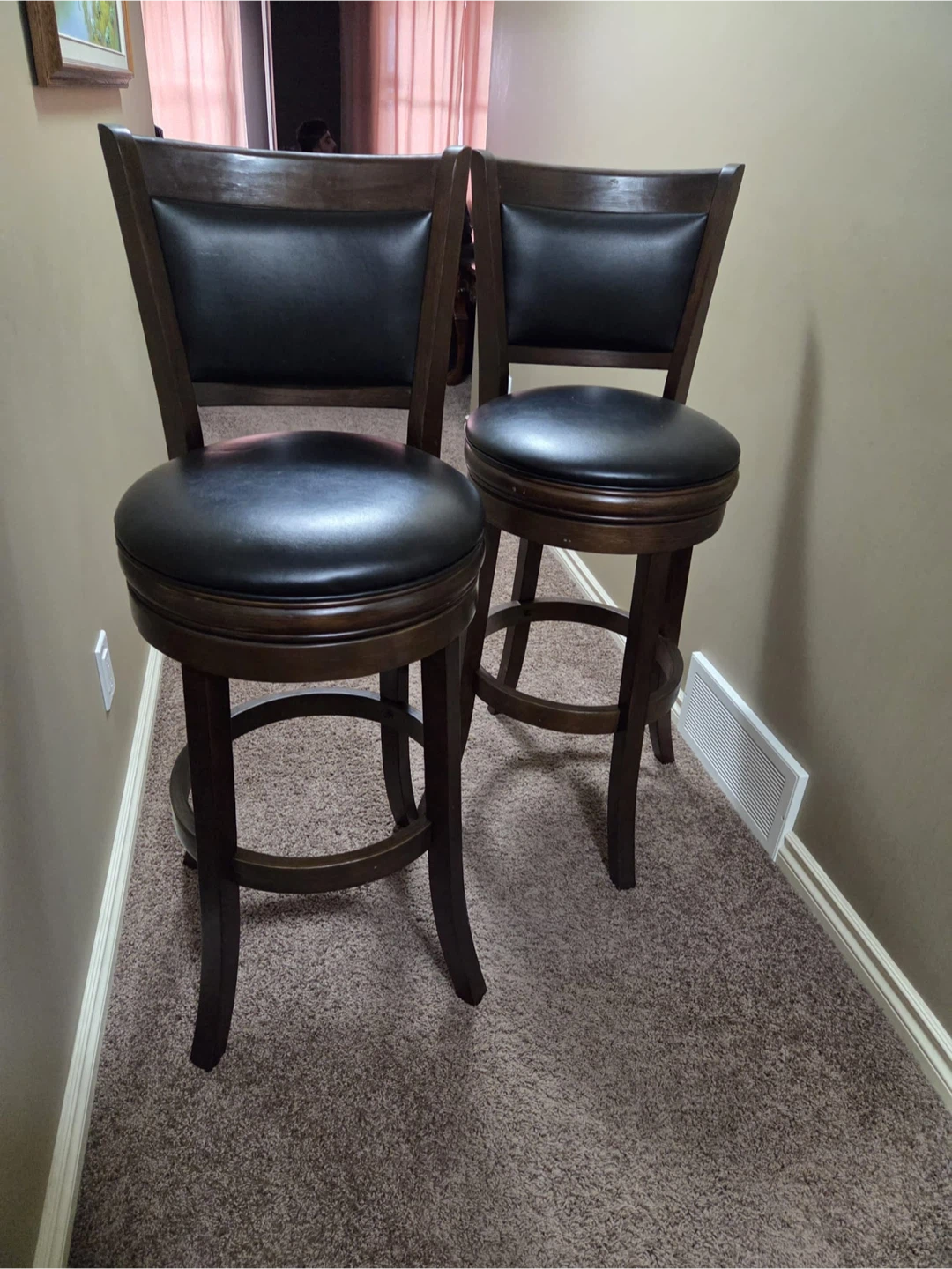 Set of 2 Swivel Bar Stools - Dark Wood & Black Leather
