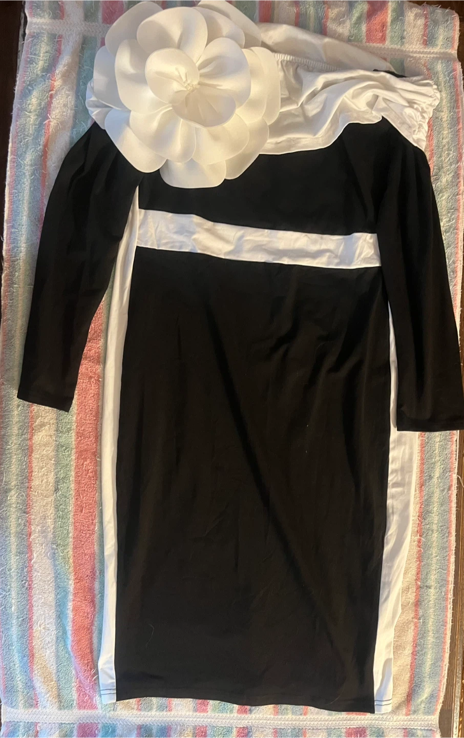 SHEIN 1XL Black and White Striped Dress with Flower Detail