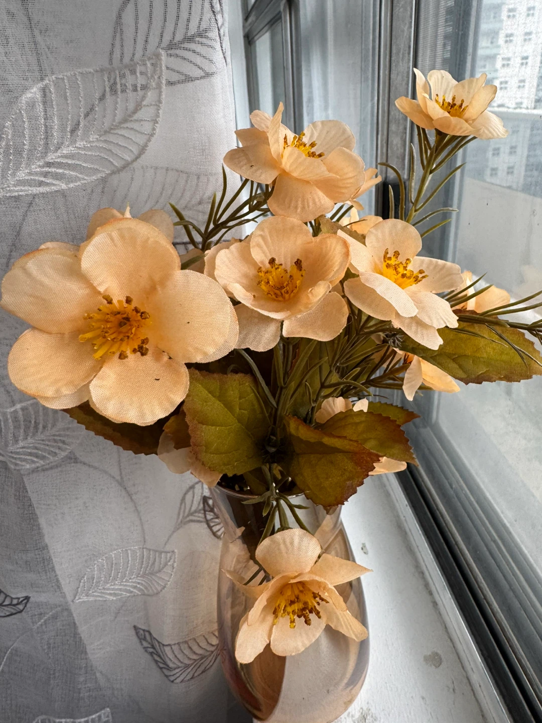 Amber Glass Vase with Faux Flowers