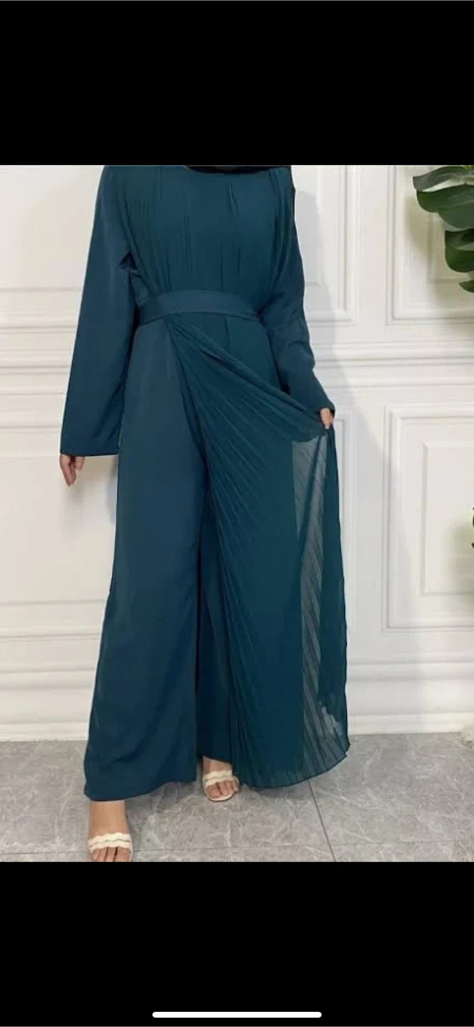 Pleated Teal Jumpsuit Abaya with Belt - photo 2