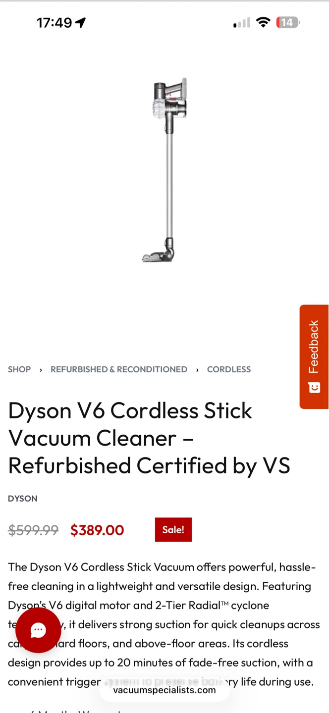 Dyson V6 Cordless Stick Vacuum Cleaner