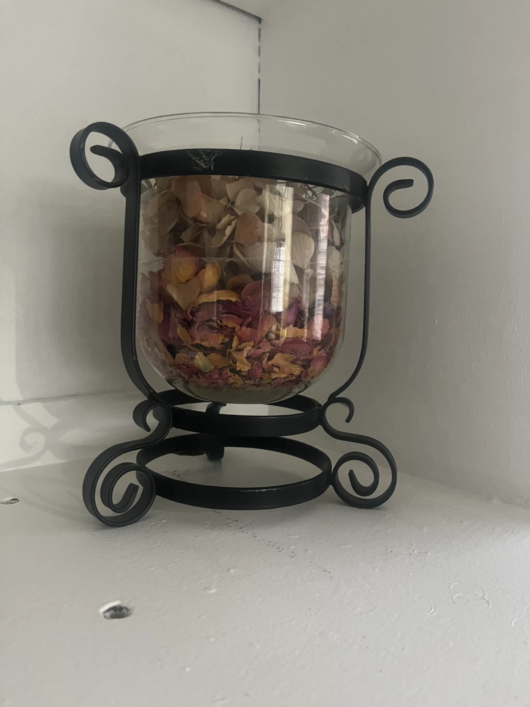 Glass Vase with Dried Flowers and Ornate Stand