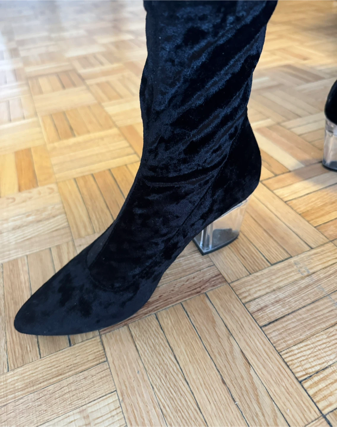 Black Velvet Ankle Boots with Clear Heels - photo 2