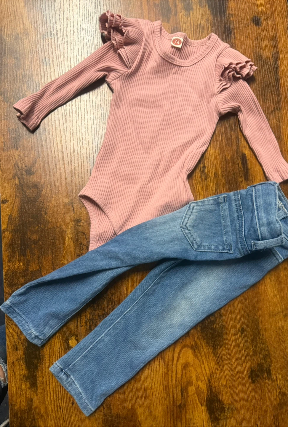 Baby Girl, Pink Ribbed Long Sleeve Bodysuit and Jeans Set