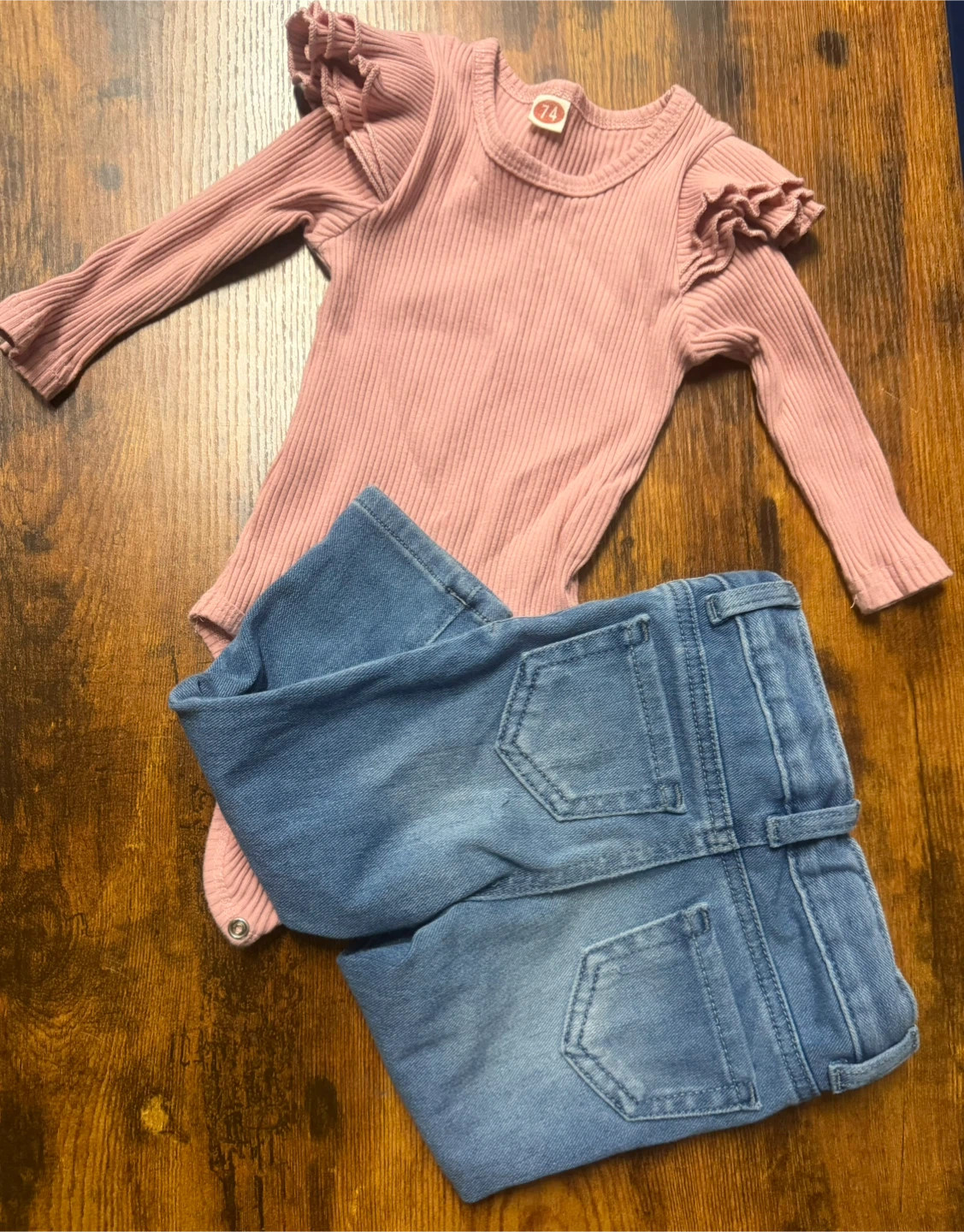Baby Girl, Pink Ribbed Long Sleeve Bodysuit and Jeans Set - photo 2