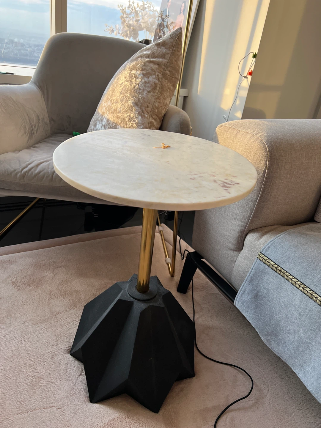 Marble Top Accent Table with Black Base