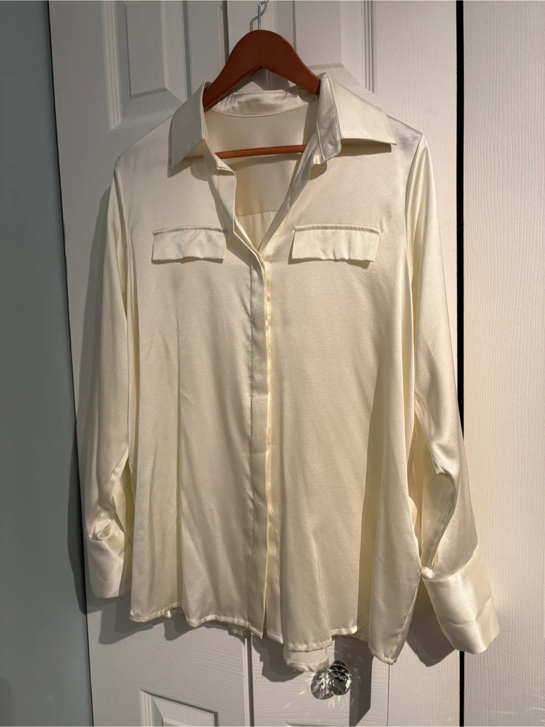 Silk Silky Cream Satin Button-Up Shirt