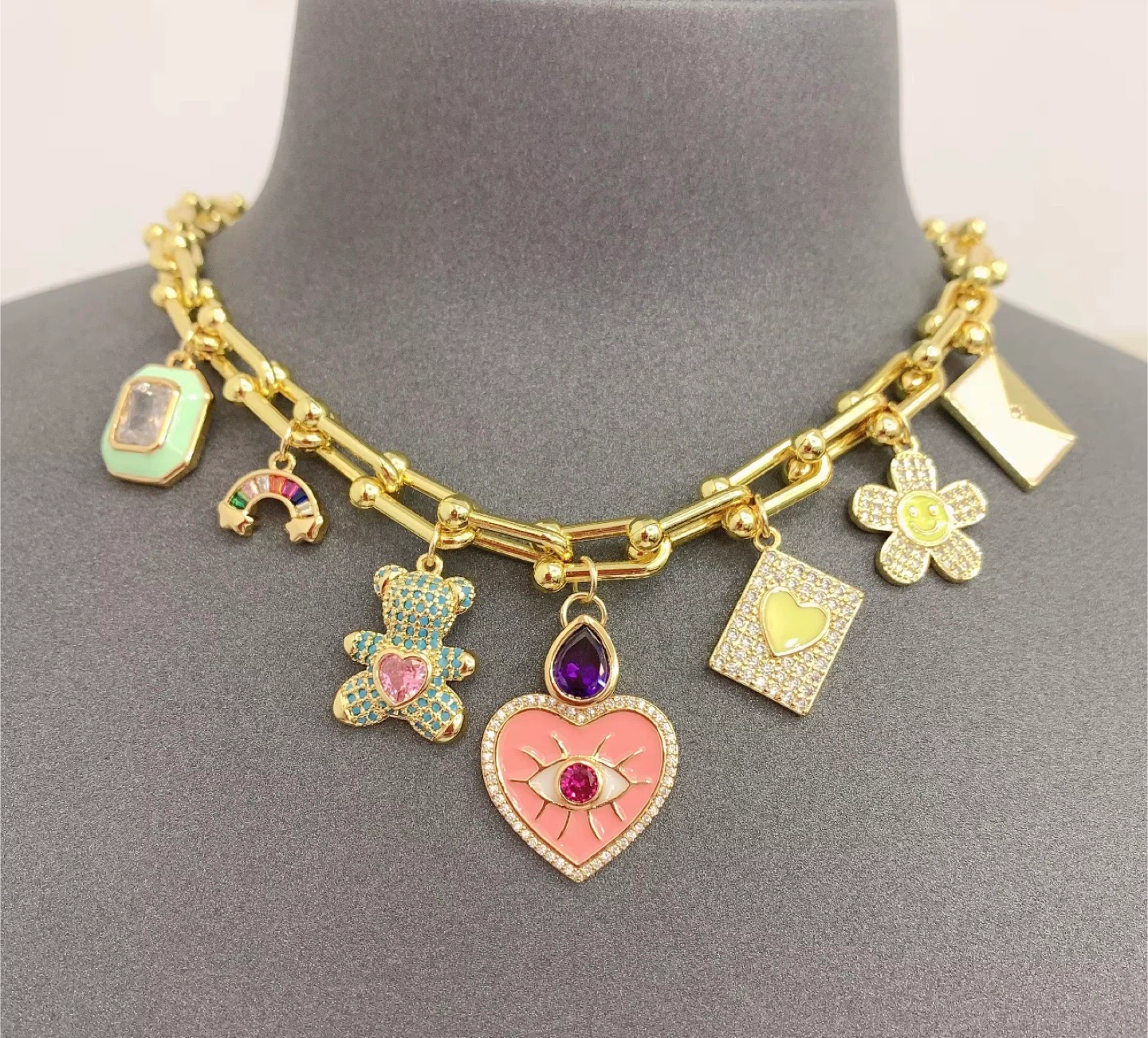 Gold Charm Necklace with Teddy Bear, Heart, and Rainbow