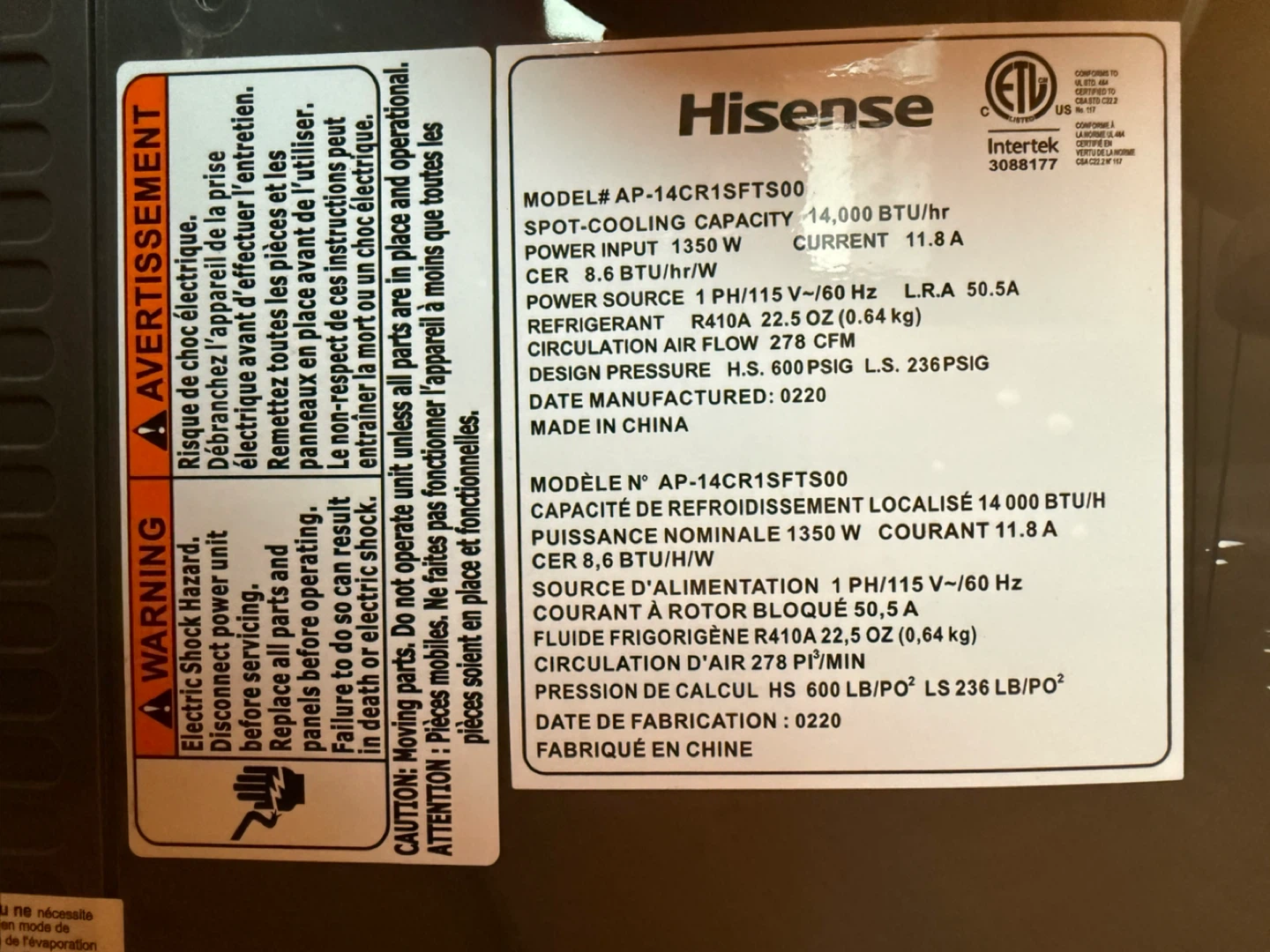 Hisense AP-14CR1SFT500 Portable Air Conditioner - photo 2