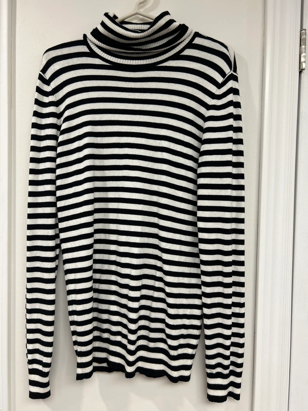 Black and White Striped Turtleneck Sweater