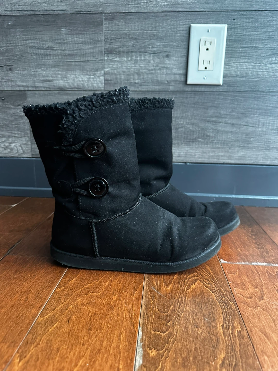 Black Faux Suede Boots with Button Detail