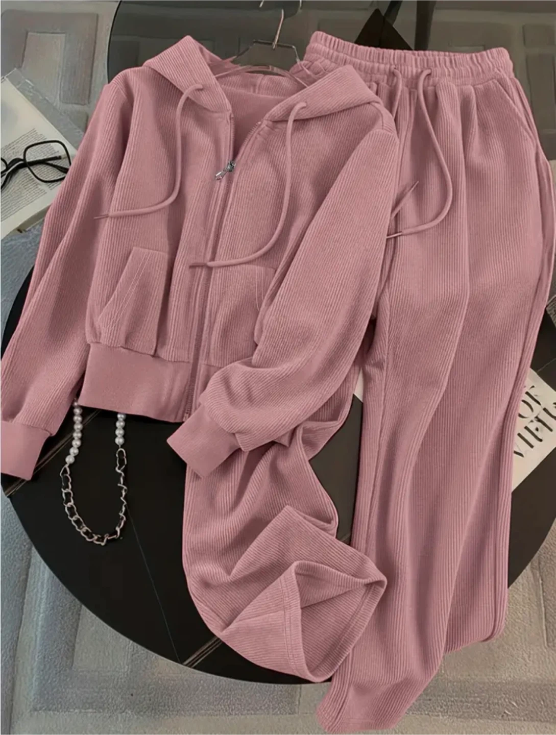 New Pink Ribbed Velour Tracksuit Set