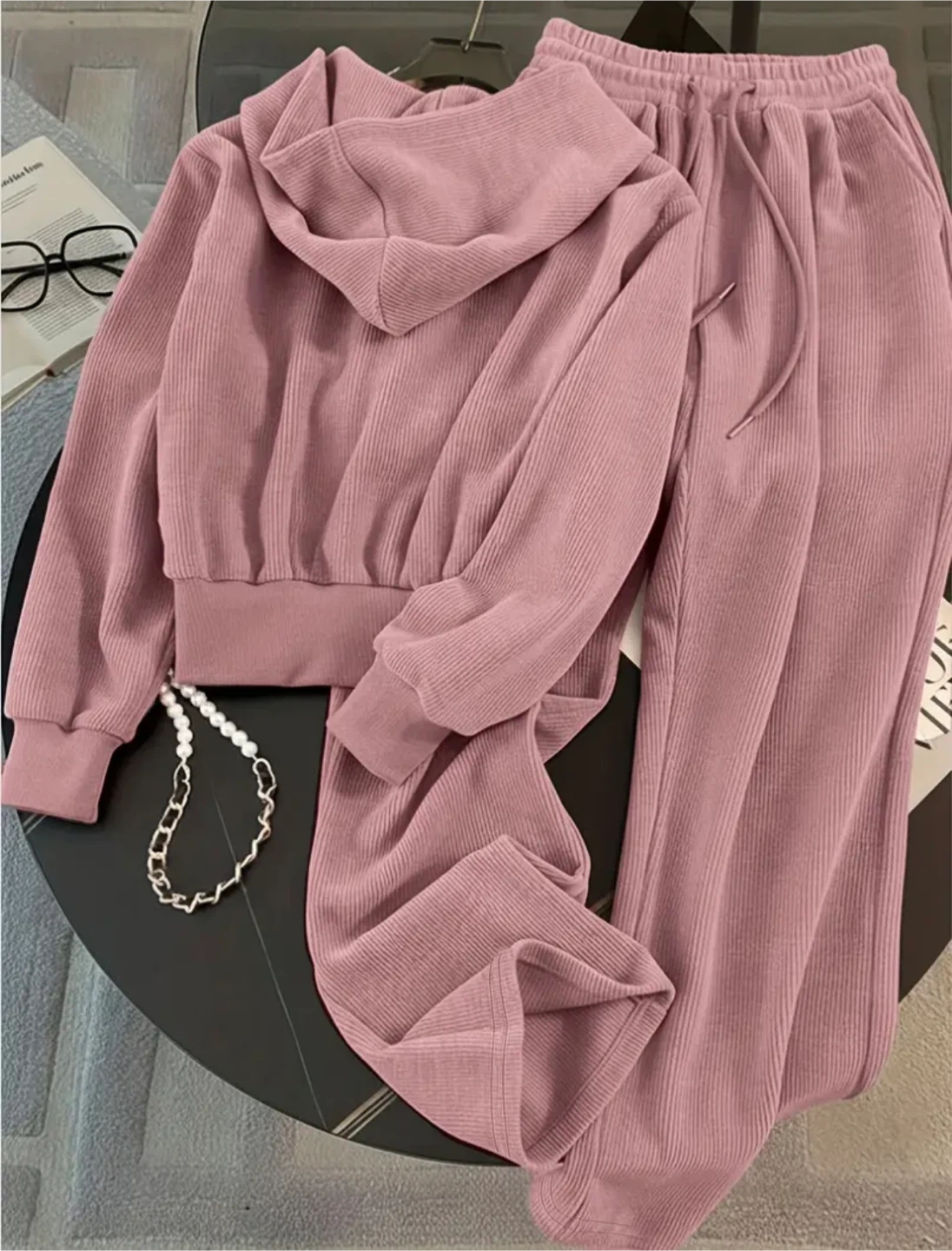 New Pink Ribbed Velour Tracksuit Set - photo 2