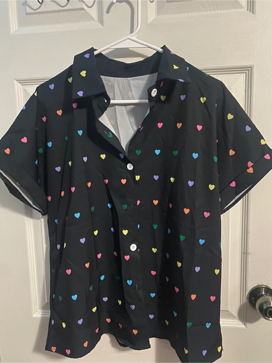 Black Short-Sleeve Button-Up Shirt with Rainbow Hearts