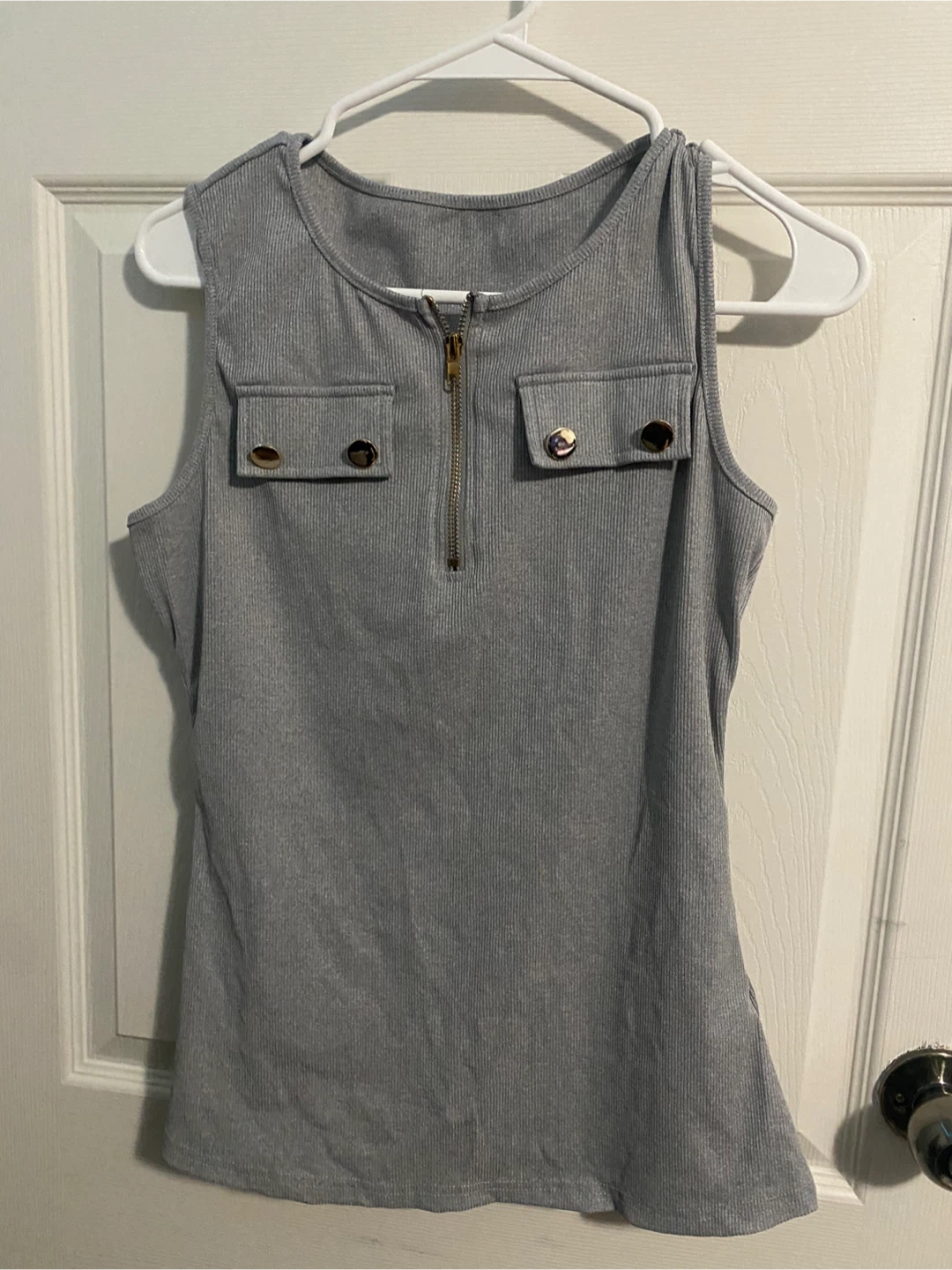 Grey Sleeveless Ribbed Top with Zipper and Pockets