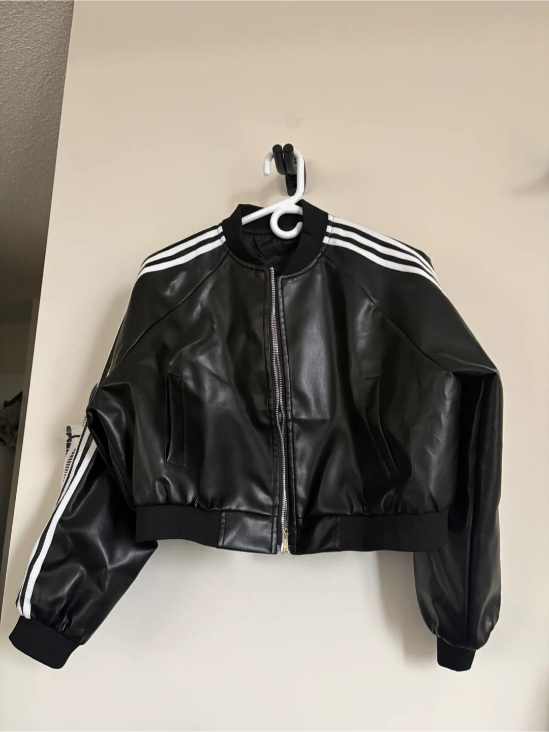 Black Faux Leather Bomber Jacket with White Stripes