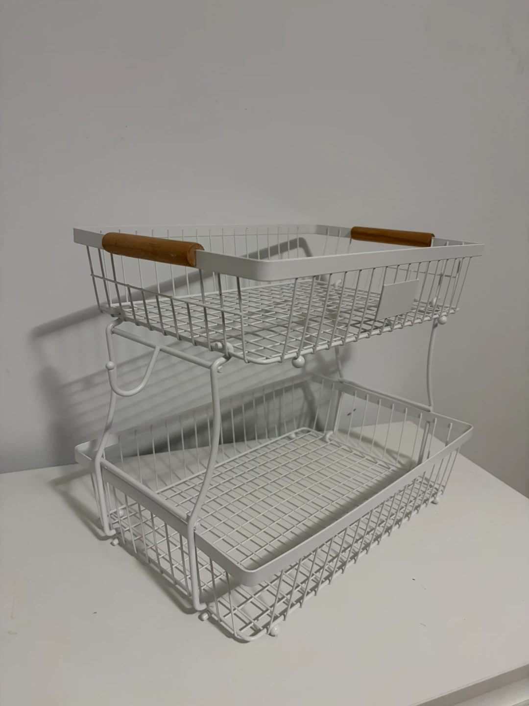 White 2-Tier Wire Storage Basket with Wood Handles - photo 2