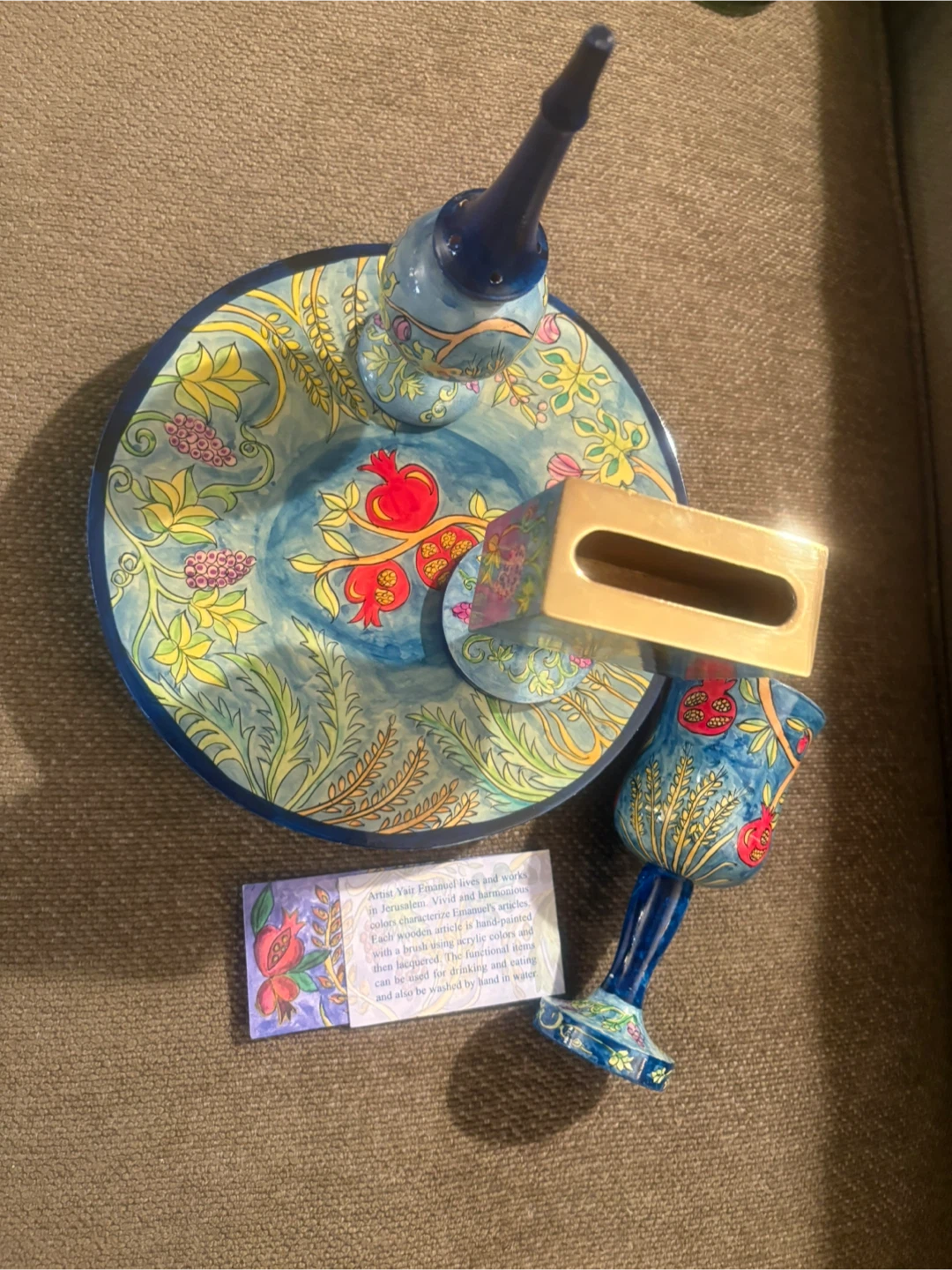 Yair Emanuel Hand-Painted Wooden Kiddush Cup and Tray Set