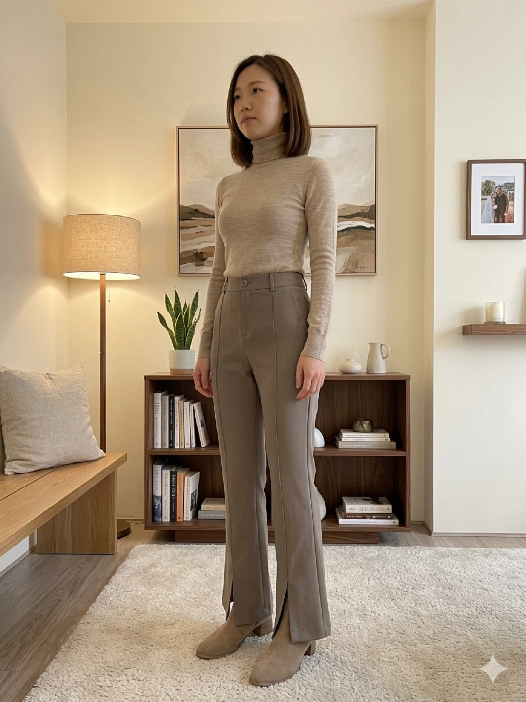 Khaki Trousers with Front Slit Hem