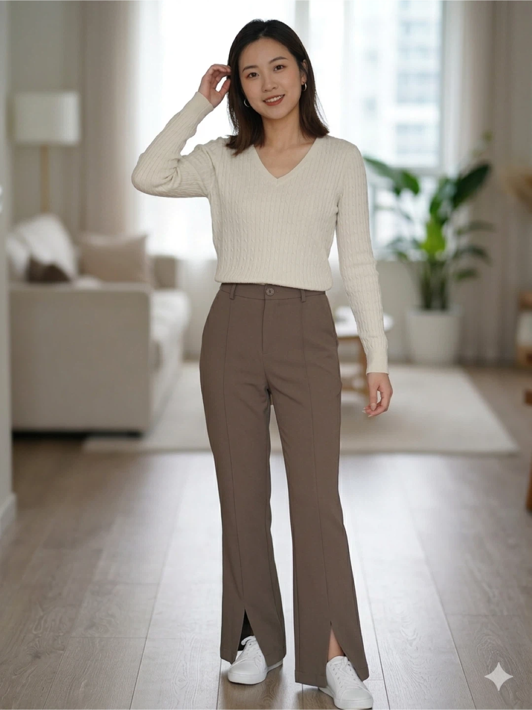 Cream V-Neck Cable Knit Sweater - S size