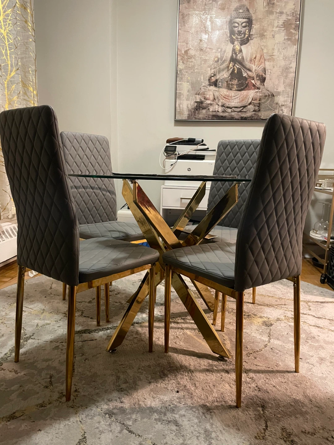Glass Dining Table with 4 Grey Chairs