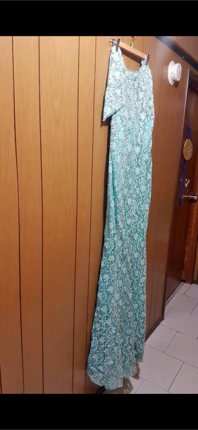 Aqua-Gold Lace Mermaid Formal Dress