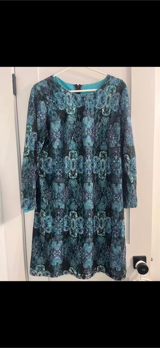 Women's Long Sleeve Dress - Teal Floral Pattern - photo 2