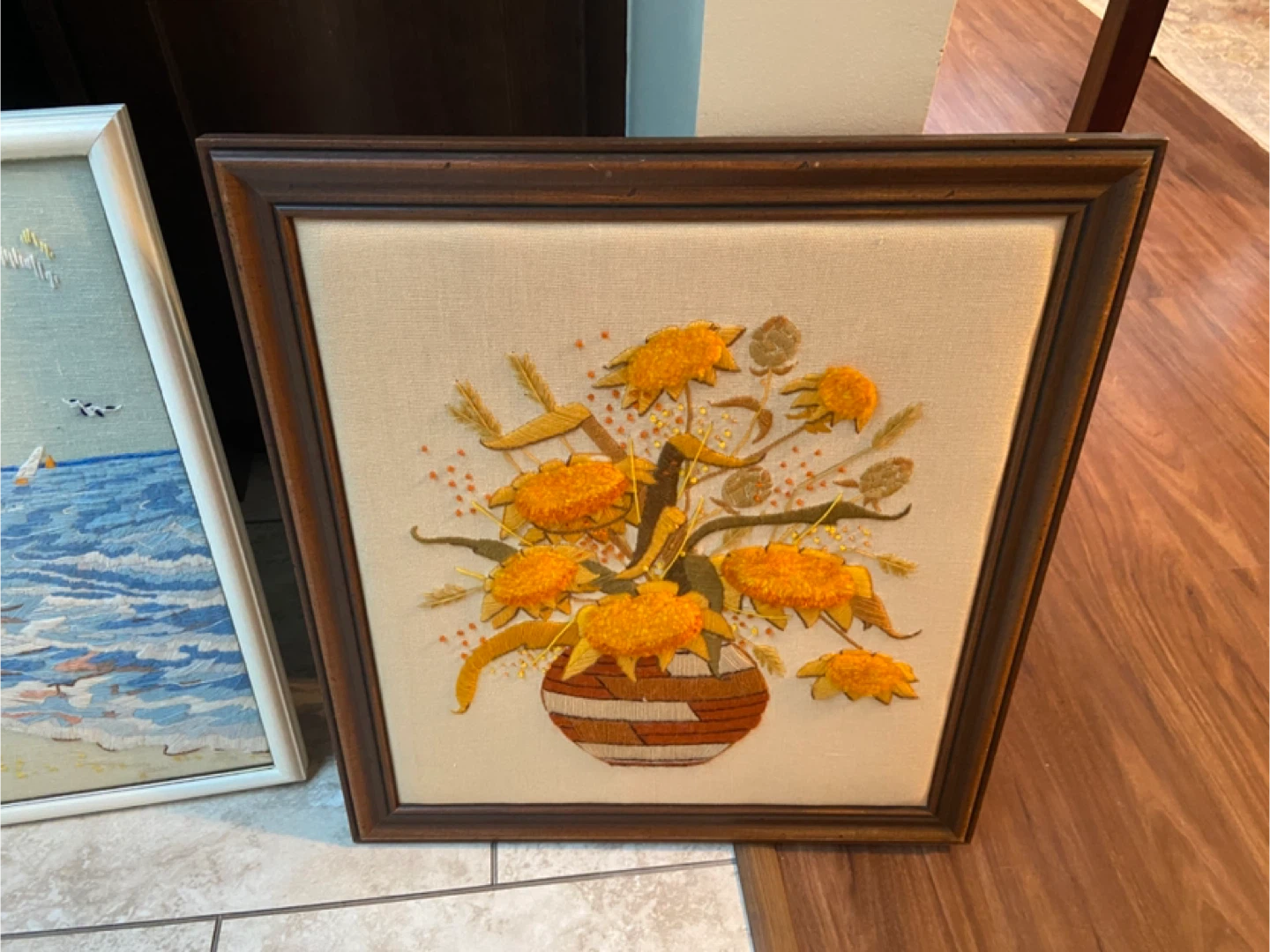 Vintage Embroidered Flower & Sailboat Pictures - photo 3