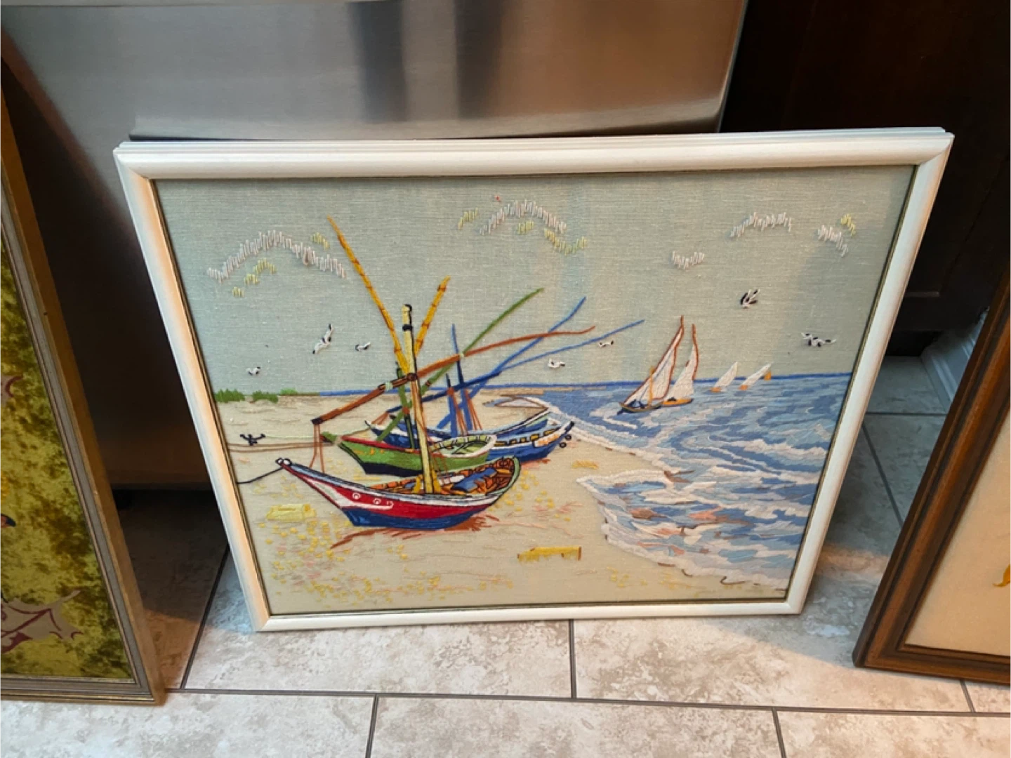 Vintage Embroidered Flower & Sailboat Pictures - photo 2