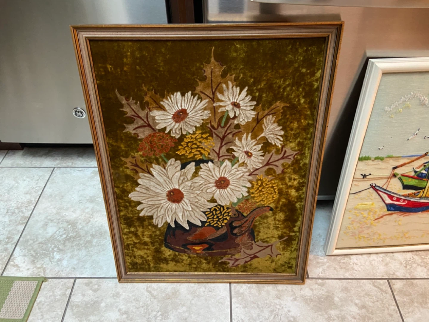 Vintage Embroidered Flower & Sailboat Pictures