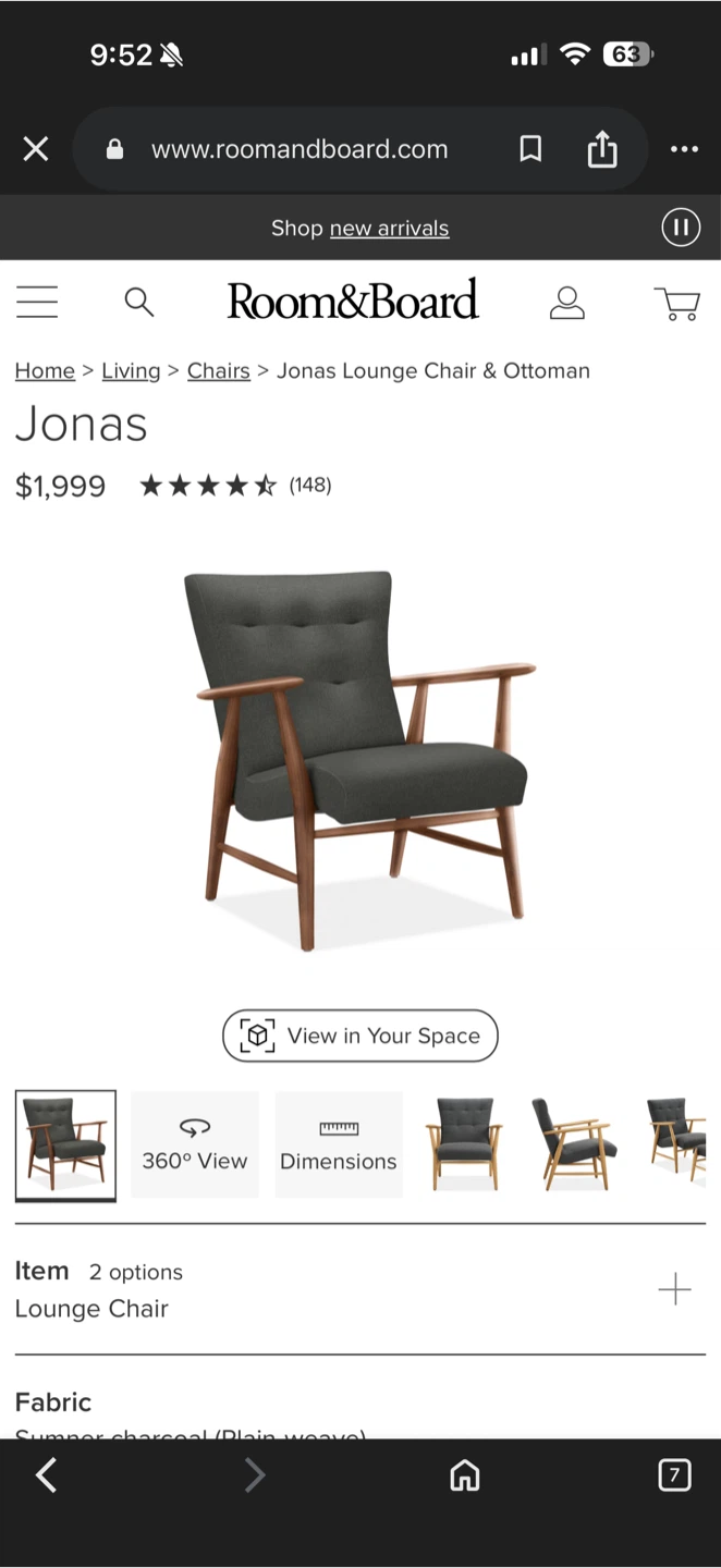 Room & Board Jonas Lounge Chair - Charcoal Fabric