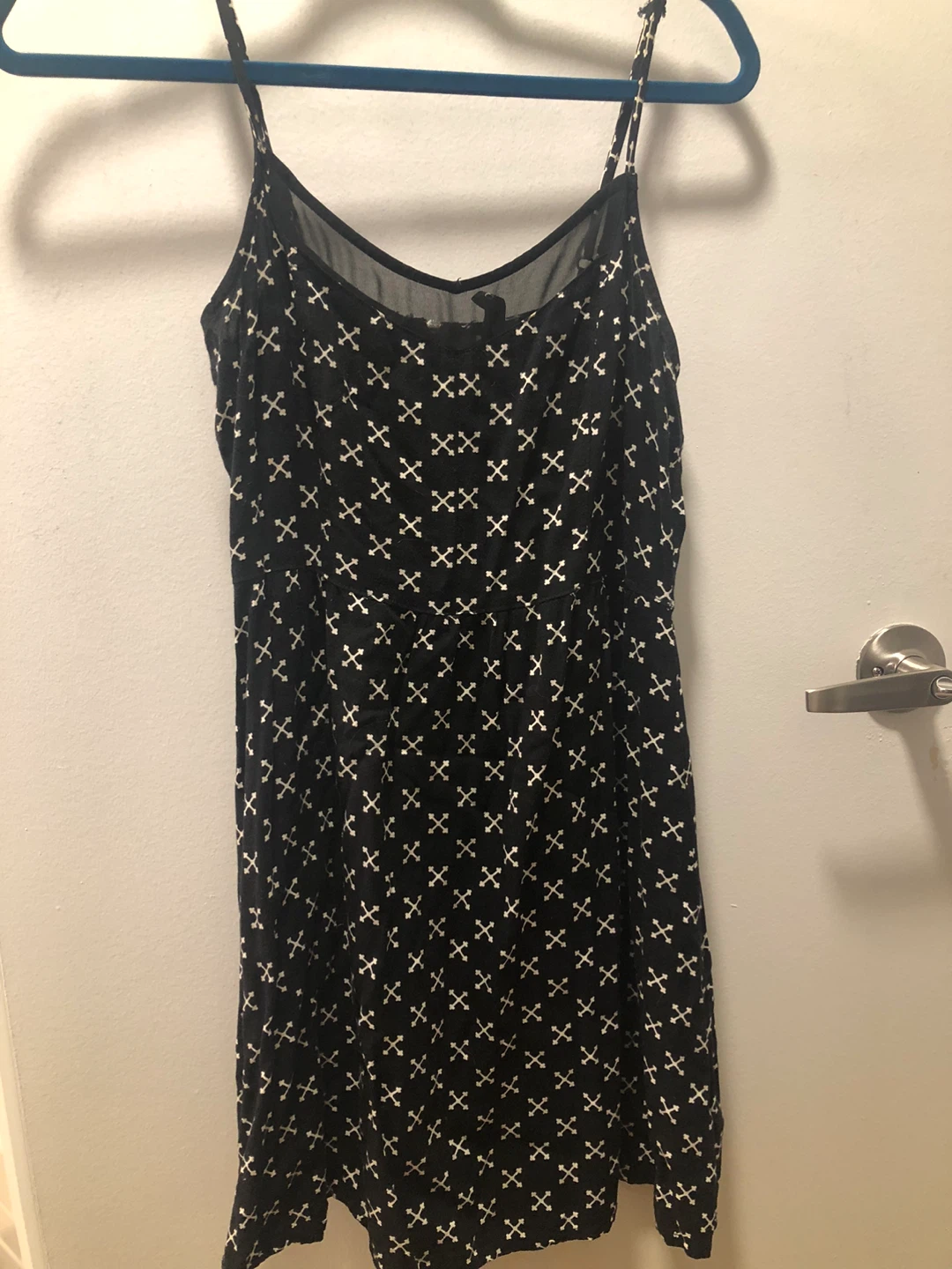 Black dress with white x pattern