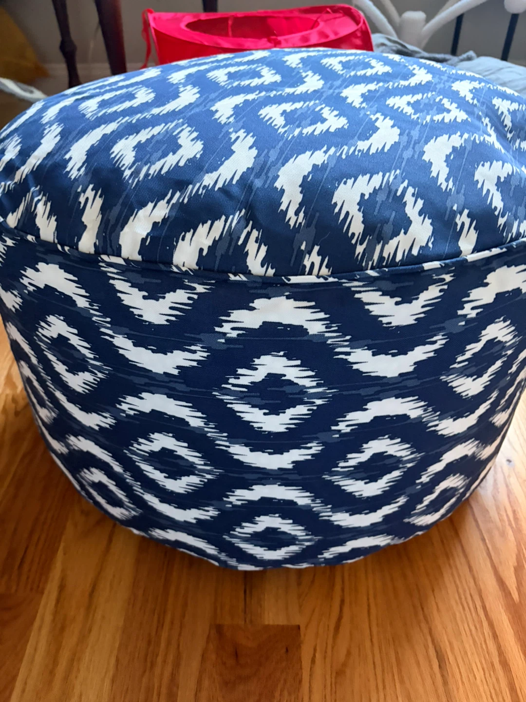 Round Blue and White Ikat Pouf Ottoman - photo 2