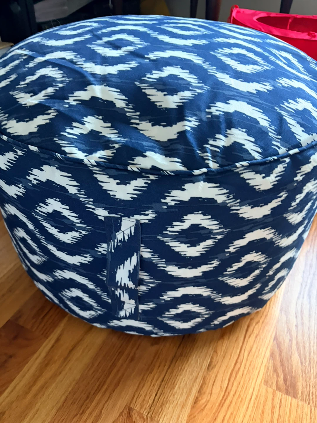 Round Blue and White Ikat Pouf Ottoman